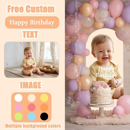 Customizable Arch Backdrop Stand and Cover Set – Featuring a Golden Metal Arch Stand, Customizable with Your Desired Images/Photos. Suitable for Baby Showers, Weddings, Festivals, Birthdays