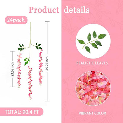 24 Pack Dark Pink Wisteria Hanging Flowers Garland, 3.77 Feet Artificial Flower Vines, Fake Wisteria, Artificial Vines Hanging Garland for Backdrop Outdoor Yard Garden Decor