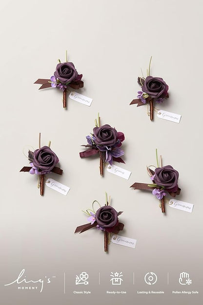 Ling's moment Boutonniere for Men, 6pcs Groom Groomsmen Boutonniere, Artificial Flowers for Wedding Decor/Prom/Homecoming, etc.Deep Purple