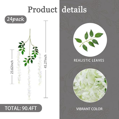 24 Pack White Wisteria Hanging Flowers Garland, 3.77 Feet Artificial Flower Vines, Fake Wisteria, Artificial Vines Hanging Garland for Backdrop Outdoor Yard Garden Decor