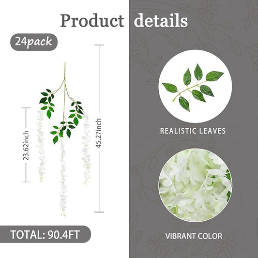 24 Pack White Wisteria Hanging Flowers Garland, 3.77 Feet Artificial Flower Vines, Fake Wisteria, Artificial Vines Hanging Garland for Backdrop Outdoor Yard Garden Decor