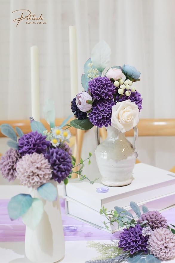 Artificial Wedding Dahlia Flowers 25 pcs Fake Roses with Stem for DIY Wedding Decor Centerpieces Arrangements Bouquets (Shades of Purple)