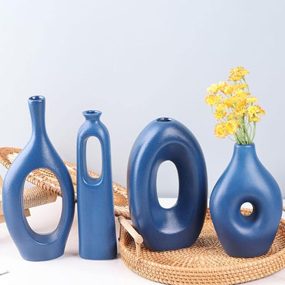 Blue Ceramic Vase Set of 4 - Round Hollow Boho Vases for Pampas Grass and Flowers Decor, Modern Minimalist Small Vases for Living Room, Bedroom, Fireplace, Coffee Table Decor and Centerpieces