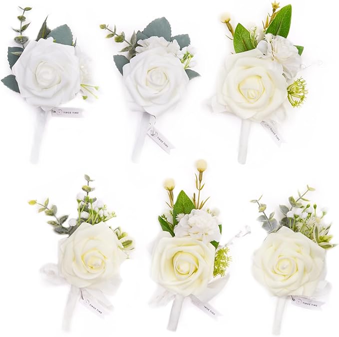 TingeTime Boutonniere for Men Wedding,Groom and Best Man Boutonniere for Wedding Ceremony Anniversary, Formal Dinner Party and Rustic Spring Wedding Marriage (6, Virginal White)