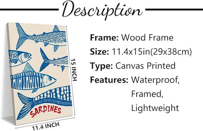 Vintage Fish Sardine Decor Beach House Wall Decor Canvas Wall Art Framed Art Prints Artwork Posters for Home Living Room Kitchen Dining Room Office Wall Decorations Paintings Pictures 11.5X14.5 Inch