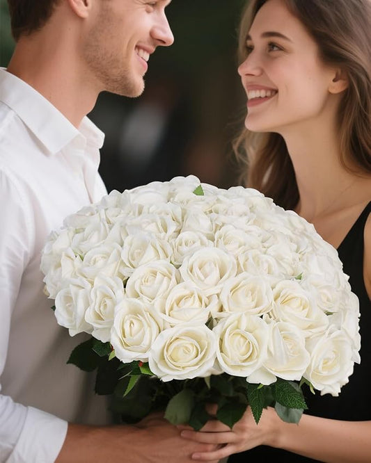 LFF 50 Pcs Realistic White Artificial Roses - Premium Velvet Faux Flowers for Wedding Bouquet, Centerpieces, Home & Party Decoration(White)