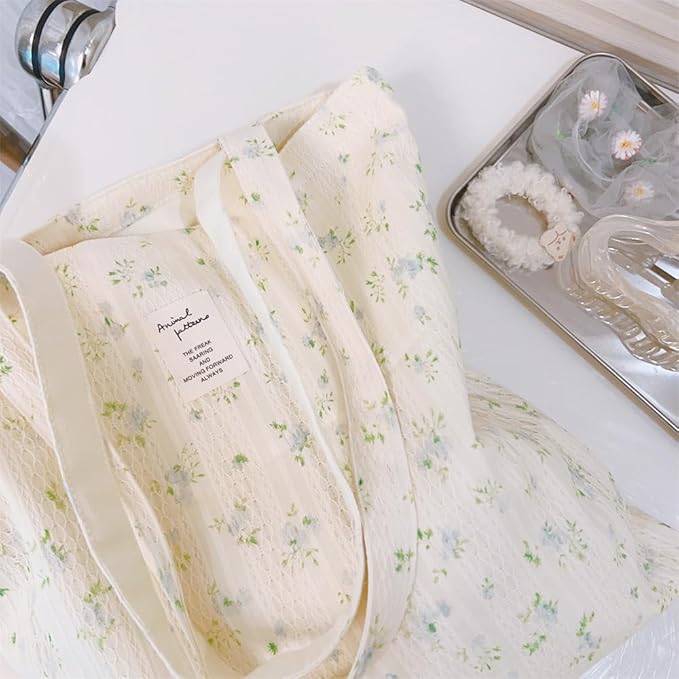 Cotton Canvas Tote Bag Reusable Soft Grocery Cloth Bag Floral Shoulder Bag for Beach Travel Shopping