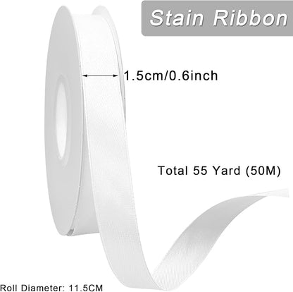 White Satin Ribbon 3/5 inch x Continuous 55 Yards Thin White Ribbons for Crafts Gift Wrapping Bow Wedding Decoration, Ribbon for Flower Bouquet Christmas Halloween Party