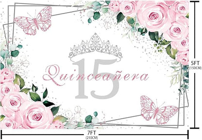 Sendy 7x5ft Quinceañera Backdrop Mis Quince 15 Anos Birthday Party Decorations Supplies for Girl Princess Pink Floral Butterfly Silver Crown Photography Background Banner Photo Booth Studio Props