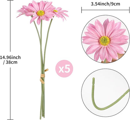 IPOPU 15pcs Daisies Artificial Flowers Faux Pink Daisies Flowers 12" Fake Wildflowers Flower Silk Flowers for Floral Arrangements Wedding Home Garden Decor (Pink)