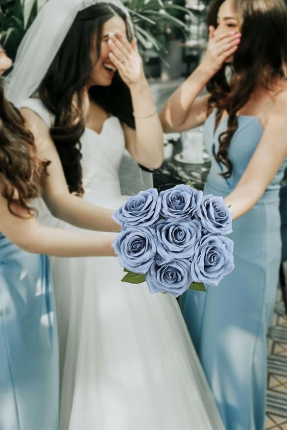 Artificial Rose Flower Dusty Blue Flowers Dusty Blue Roses Silk Flowers 12 pcs with Long Stem Silk Roses Bouquet for Wedding Bridal Shower Party Home Decoration