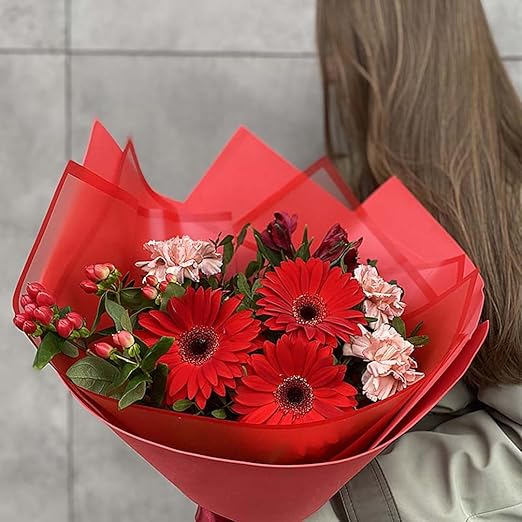 Jutieuo 20 Sheets Red Flower Wrapping Paper, Waterproof Floral Wrap Red Edge Bouquet Wrapping Paper Florist Supplies (22.8 x 22.8 inch)