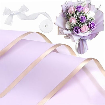 Jutieuo 20 Sheets Purple Flower Wrapping Paper, Waterproof Floral Wrap Gold Edge Bouquet Wrapping Paper Florist Supplies (22.8 x 22.8 inch)