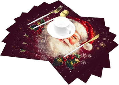 PVC Placemats Set of 4 Wipeable Table Mats Washable Heat Resistant Non Slip Vinyl Dining Table Mat for Kitchen Indoor Outdoor Patio Farmhouse Place Mats Santa Claus Red Xmas Decorative