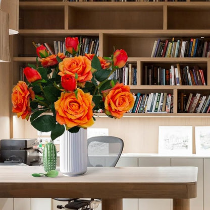 ATFL Fake Sunset Red Flowers, 6 Pcs Faux Silk Real Touch Moisturizing Artificial Rose Flowers for Wedding Decor,Flores Irosas Artificiales para Decoracion(6, Orange)