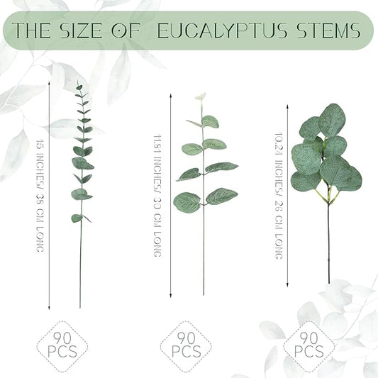 Giegxin 270 Pcs 3 Kinds Mixed Eucalyptus Leaves Stems Bulk Artificial Silver Dollar Leaves Picks Dried Eucalyptus Bundle Faux Spray for Wedding Vase Bouquet Floral Arrangement (Green)