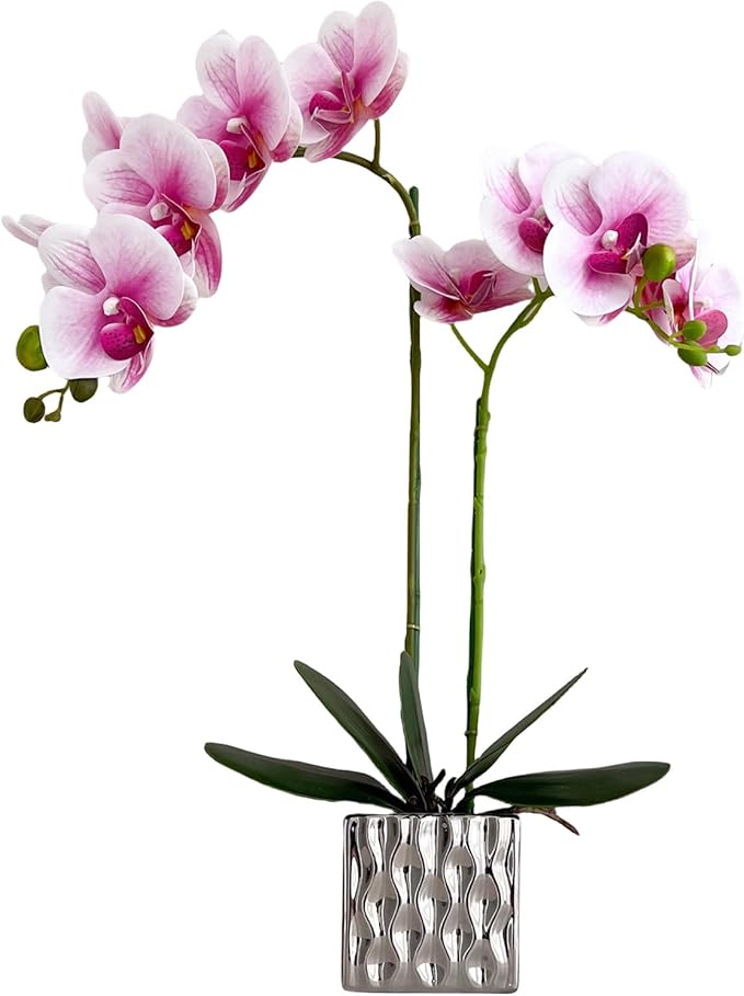 Artificial Orchid with Silver Vase, 20 Inch Purple Heart White Flowers, Indoor Home Decor