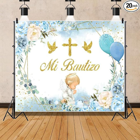 ChloropLastid Mi Bautizo Photography Backdrop 10x8ft Boho First Holy Communion Christening Background for Boy Blue Floral Bless Newborn Baby Shower Photo Booth Props