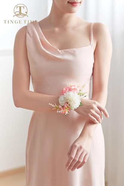 TINGE TIME Set of 2 Peach Pink Wrist Corsage Bracelets Pearl Wristlet Band Bridesmaid Bracelet for Wedding Ceremony Bridal Shower Wedding Artificial Flower Prom (Peach Pink)