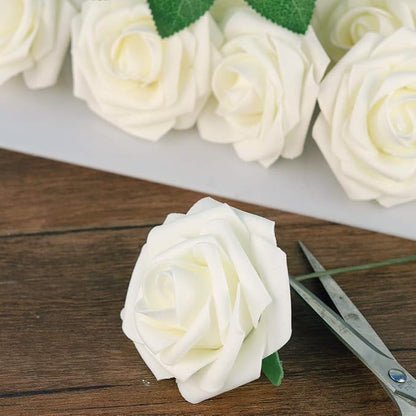Mocoosy 50Pcs White Rose Artificial Flowers, Ivory Roses for Decorations, Real Touch Fake Rose with Stems Bulk DIY Wedding Bouquet Bridal Shower Centerpiece Faux Floral Arrangement Party Home Decor