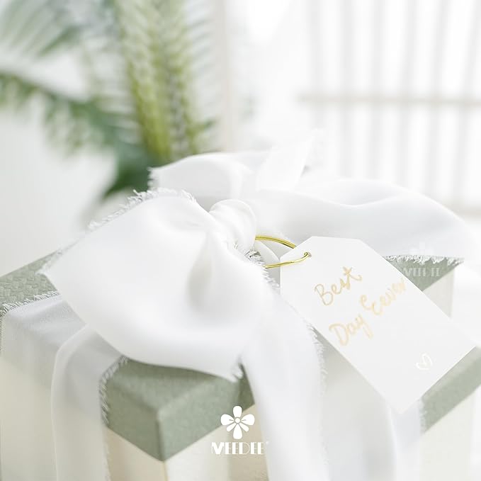 MEEDEE White Chiffon Ribbon 3 Inch White Fringe Ribbons Chiffon Silk Frayed Edge Ribbon Wide Chiffon Ribbons for Crafts, Flower Bouquet, Wedding Favors Wrapping (2 Rolls 10 Yards)