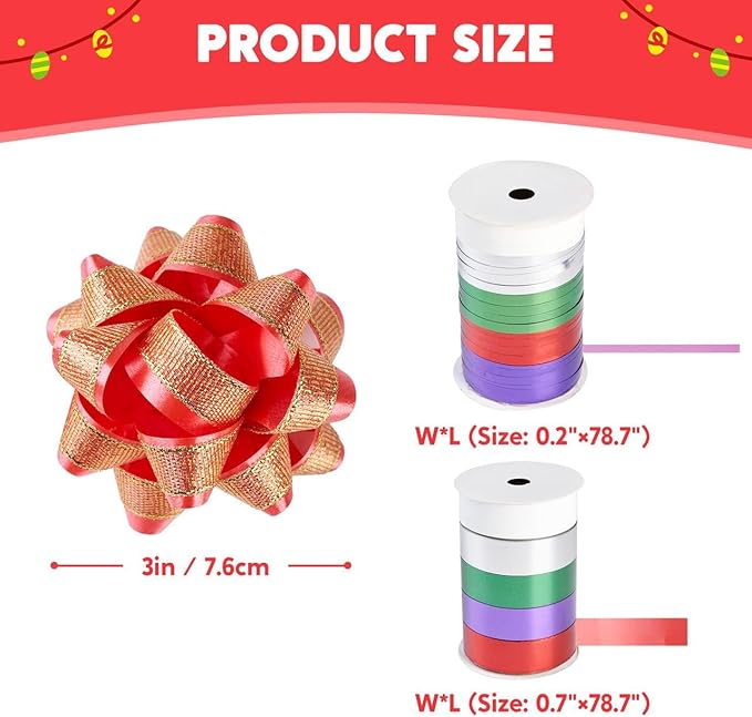 JOYIN 75PCS Christmas Bows Assortment with 2 Rolls of Curling Ribbons,5 Colors Self Adhesive Gift Bows for Gift Wrapping, Birthday Wedding Easter Xmas Presents Boxes Decoration