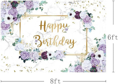 MEHOFOND 8x6ft Happy Birthday Backdrop Purple and White Flowers Bday Photography Background Girls Geometric Gold Glitter Dots Birthday Floral Party Decorations Cake Smash Decor Studio Photo Props