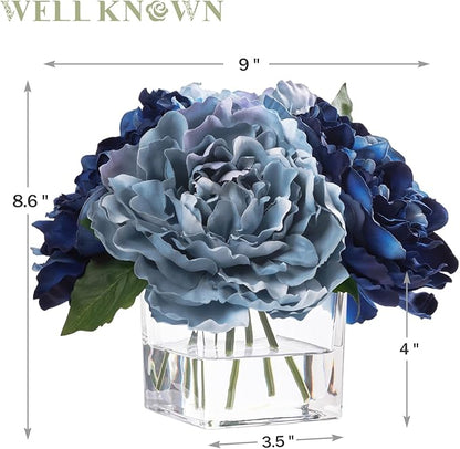 Artificial Peonies Flowers Arrangements in Cube Glass Vase, WELLKNOWN Silk Flower Centerpieces for Dining Room Table, Coffee Table Decor, Faux Peony Flowers with Faux Water (Bicolor Blue)