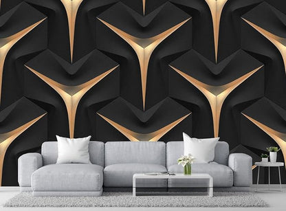Golden Stripe 3D Geometric Black Background Wallpaper, Large Wall Background Mural, for Various Occasions Background Decoration(Non-self-Adhesive)