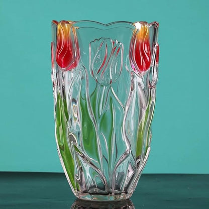 Glass Flowers Vase 9.3 inch Tall, Unique Crystal Vases for Tables Centerpieces, Vintage and Tulip Shape Large Vases Christmas Thanksgiving Gifts. (Green)