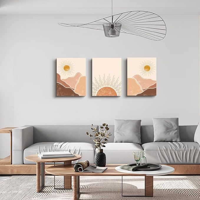 Boho 3 Piece Large Size Canvas Wall Art - Minimalist Abstract Mountain Sunshine Paintings For Living Room, Bedroom, Office & Children's Room Decor