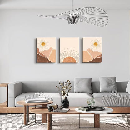 Boho 3 Piece Large Size Canvas Wall Art - Minimalist Abstract Mountain Sunshine Paintings For Living Room, Bedroom, Office & Children's Room Decor
