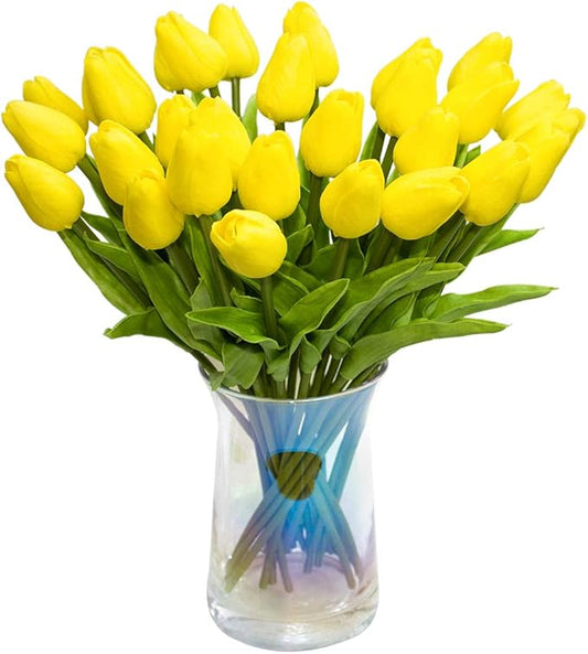 30pcs Artificial Tulips Flowers Real Touch Yellow Tulips Fake Holland PU Tulip Bouquet Latex Flowers for Wedding Party Office Home Kitchen Decoration (Yellow)