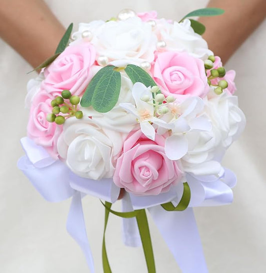 Lightweight Bridal Wedding Bouquet Round Holding Bouquet Throw Toss Artificial Rose Flower Bunch for Bride Bridesmaid Wedding Quinceanera (White & Pink, 6.7")