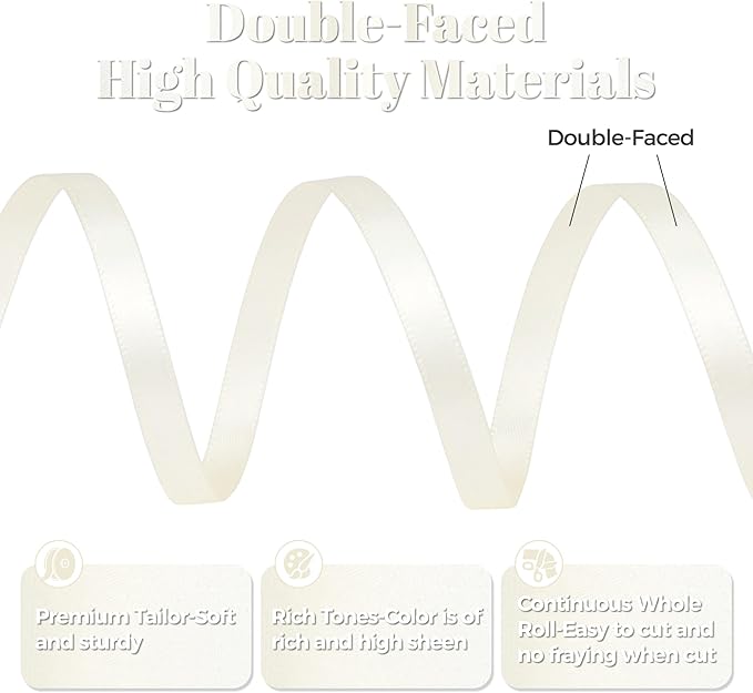 Ivory Satin Ribbon, Double Faced 1/4 Inch X 25 Yards Ivory Ribbon, Premium Satin Ribbon for Gift Wrapping, Crafts, Hair Bow Making, Sewing, Flower Bouquet, Wedding Party Decor