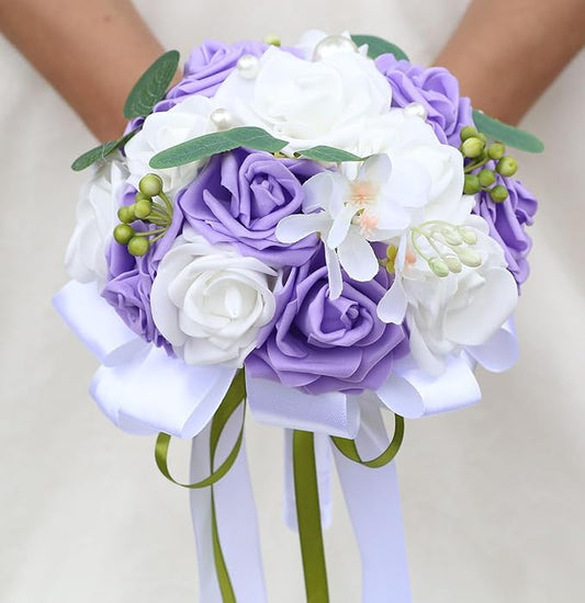 Lightweight Bridal Wedding Bouquet Round Holding Bouquet Throw Toss Artificial Rose Flower Bunch for Bride Bridesmaid Wedding Quinceanera (White & Mid Purple, 6.7")