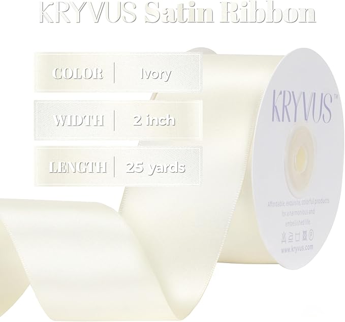 Ivory Satin Ribbon, Double Faced 2 Inch X 25 Yards, Premium Satin Ribbon for Gift Wrapping, Crafts, Hair Bow Making, Sewing, Flower Bouquet, Wedding Party Decor