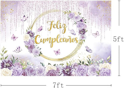 MEHOFOND Feliz cumpleaños Birthday Backdrop Purple Floral Butterfly Baby Shower Party Decorations Baby Girl's Watercolor Floral Glitter Drops Decorations Supplies Banner Photo Booth Studio Prop