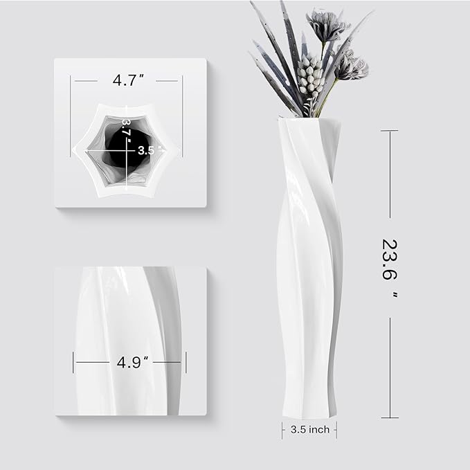 Tall Vases - 23.6" Tall Floor Vase for Home Decor, Floor Vases, Black Hexagon Twist Floor Vase, Fits Into Hay/Pampas Grass, Living Room, Office, Wedding Decor (White)