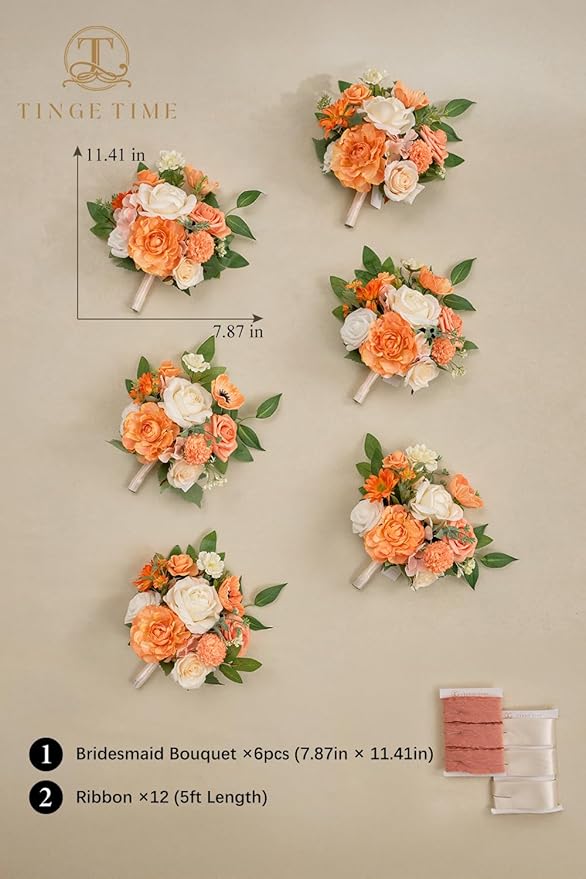 TINGE TIME Bridesmaid Bouquets for Wedding Set of 6 CoralPink & Champagnee 7 Inch Wedding Bouquets Artificial Silk Flowers Bridal Bouquets for Bridesmaids, Wedding Decor, Anniversary