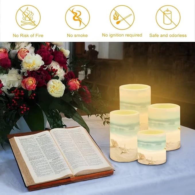 Beach Starfish Seashell Flameless LED Battery Candles 4 Pieces Pillar Fake Candles with Colored Light 4H 8H Timer Remote for Wedding Beach Party Coastal Room Decor