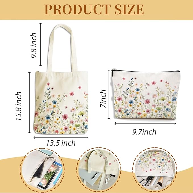 Flower Plant Lover Gifts for Women Canvas Tote Bag with Makeup Bag Cosmetic Bags Grocery Bags for Shopping Christmas