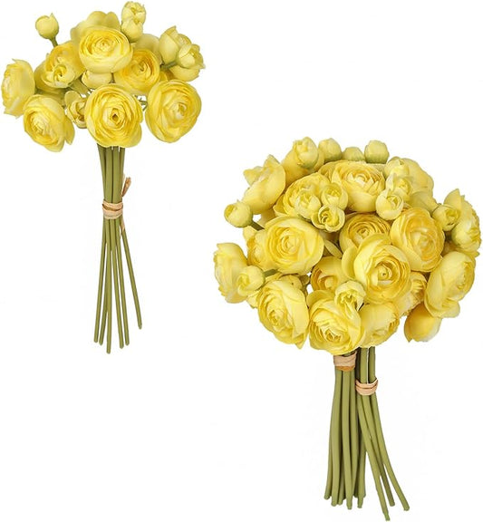 IPOPU Artificial Ranunculus 2 Bouquets Small Yellow Artificial Flowers 12PCS Faux Ranunculus Flowers for Vase Filler Bouquet Wedding Decor Bridal Shower Floral Filler Flowers Centerpieces (Yellow)