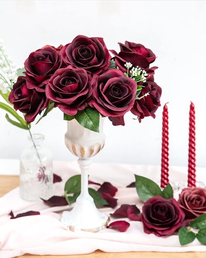DuHouse 10pcs Silk Roses Artificial Flowers Fake Burgundy Rose Bouquet for Arrangement Wedding Party Home Decoration (Burgundy-Long Stem)