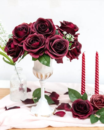 DuHouse 10pcs Silk Roses Artificial Flowers Fake Burgundy Rose Bouquet for Arrangement Wedding Party Home Decoration (Burgundy-Long Stem)