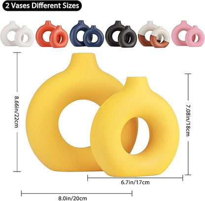 Yellow Vase Decor Donut Vase Set of 2 - Circle Hollow Vases, Modern Matte Ceramic Vases for Entryway Living Room Bedroom Dining Table Centerpiece Office Home Decor