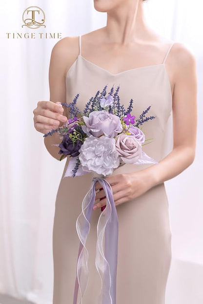 TINGE TIME 7 Inch Artificial Flowers Wedding Bouquets for Bridesmaid, Set of 4, Lavender Bride Tossing Bouquet for Rustic Wedding Ceremony Bridal Shower Rehearsal Dinner Vintage Party