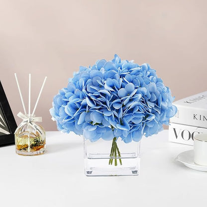Blue Hydrangea Flowers in Vase, Silk Flowers in Vase with Faux Water for Home Decor Indoor, Wedding Table (Blue)