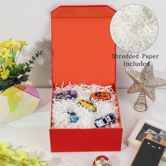 1 Pcs 8x8x4 Inch Red Gift Box Small Gift Box with Shredded Paper Magnetic Box with Crinkle Paper Red Luxury Gift Boxes with Lids for Presents