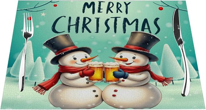 PVC Placemats Set of 4 Wipeable Table Mats Washable Heat Resistant Non Slip Vinyl Dining Table Mat for Kitchen Indoor Outdoor Patio Farmhouse Place Mats Christmas Snowman Beer Decorative